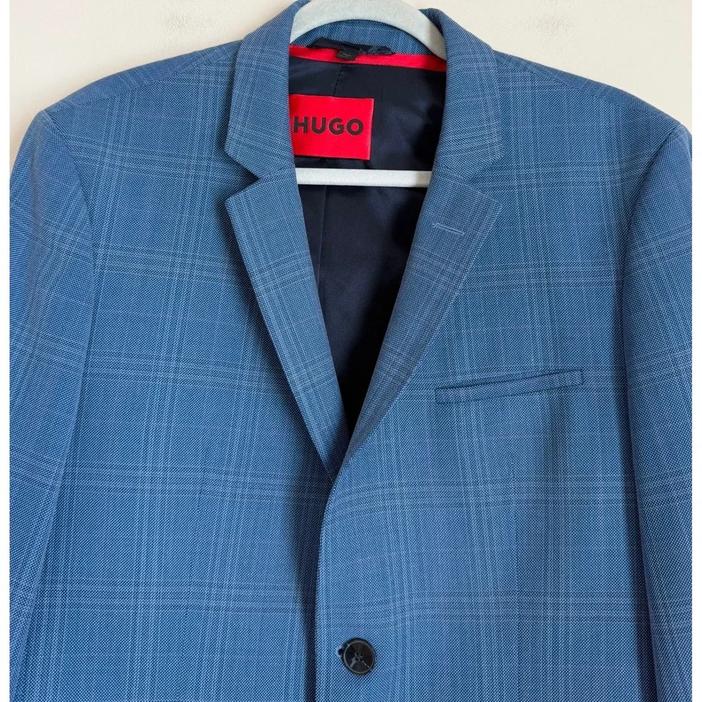 HUGO Blazer Mens 40S Blue Glen Plaid Virgin Wool Blend Two Button Jacket